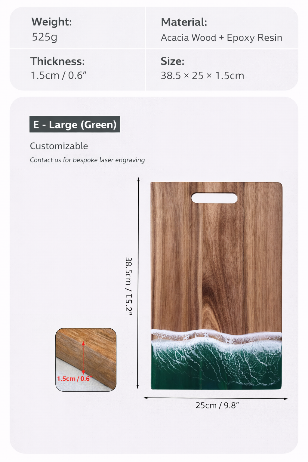 Emerald Green Ocean Resin Rectangular Cutting Board with Hanging Hole Acacia Wood Epoxy Serving Board Kitchen Decor
