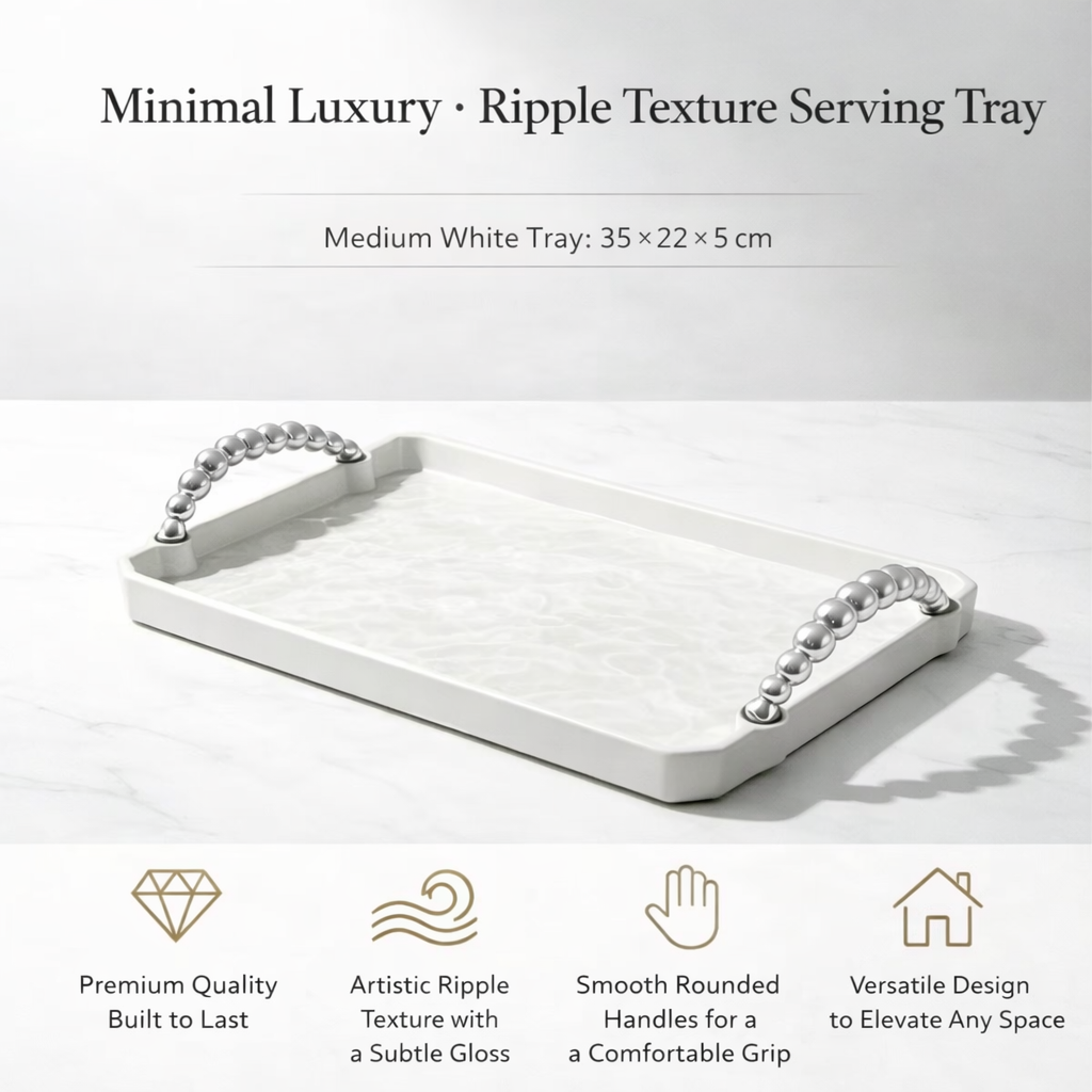 Rectangular Milky White Ripple Plastic Tray Minimalist Serving Platter Modern Countertop Organizer Decorative Display Tray