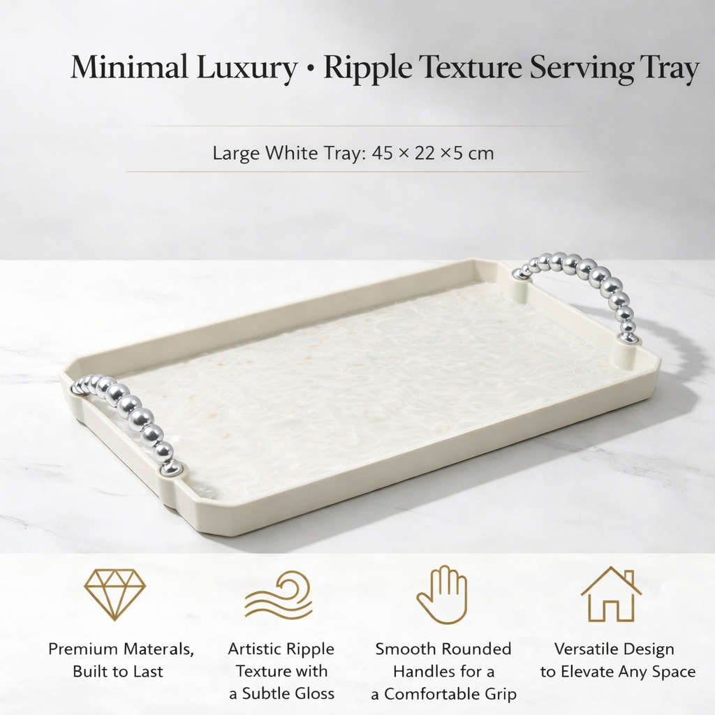 Rectangular Milky White Ripple Plastic Tray Minimalist Serving Platter Modern Countertop Organizer Decorative Display Tray