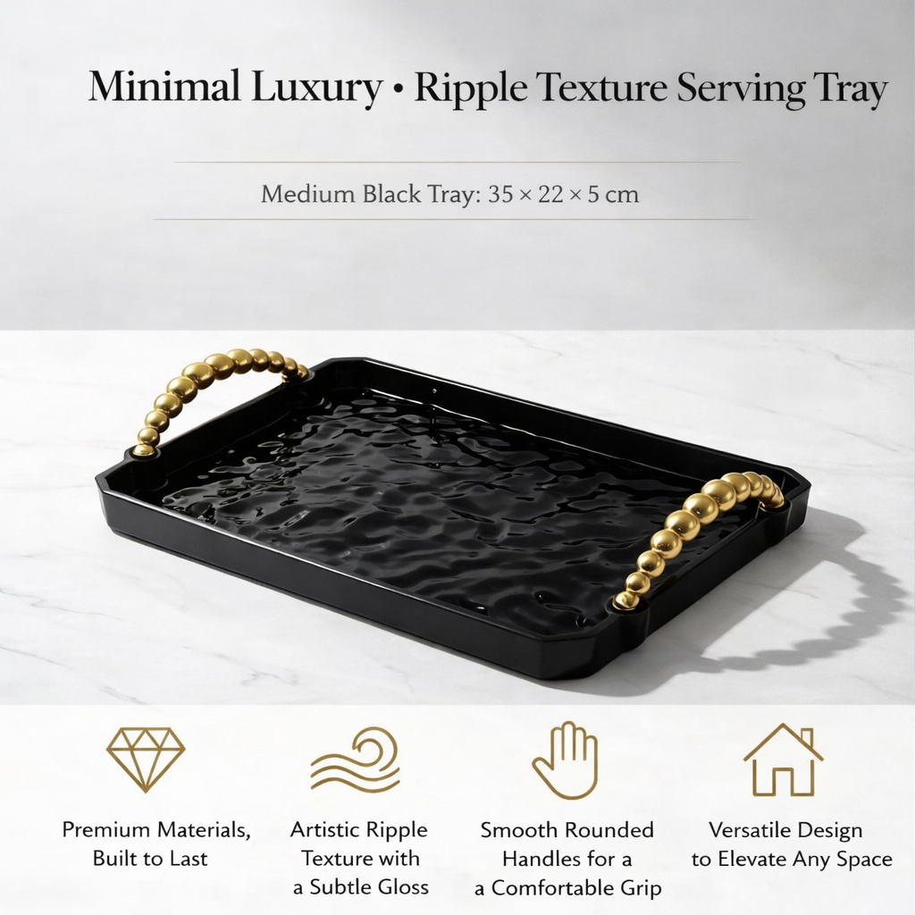 Matte Black Ripple Texture Rectangular Plastic Tray Modern Serving Platter Minimalist Countertop Organizer Decorative Tray