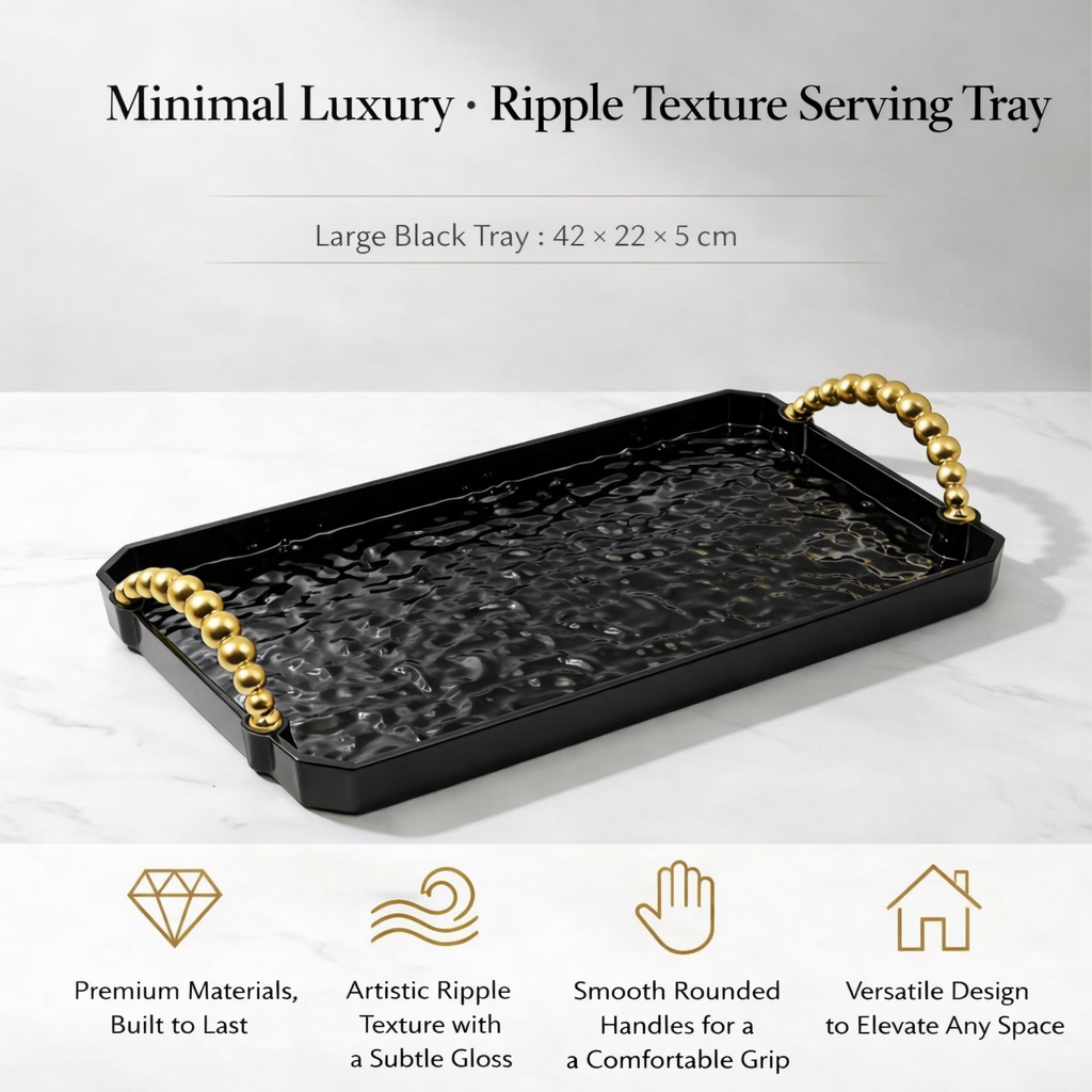 Matte Black Ripple Texture Rectangular Plastic Tray Modern Serving Platter Minimalist Countertop Organizer Decorative Tray