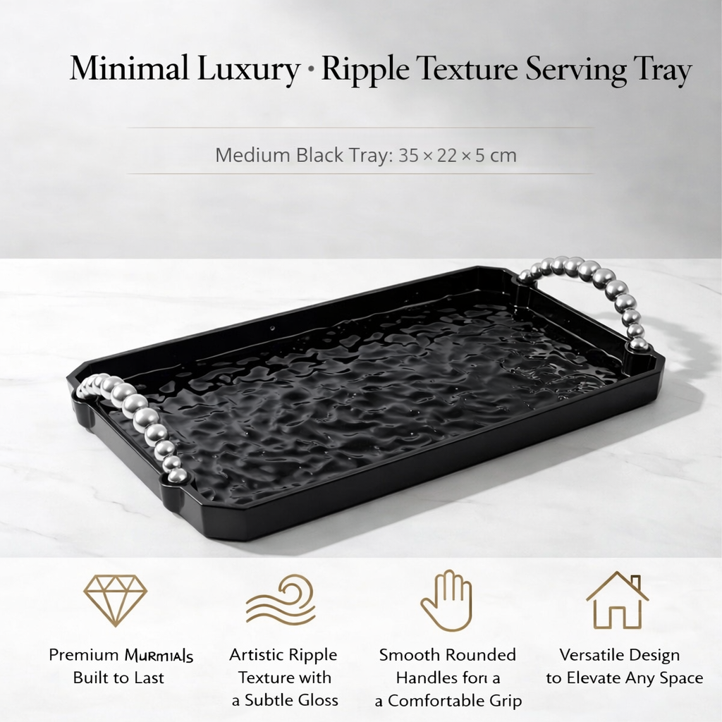 Glossy Black Ripple Surface Rectangular Plastic Tray Contemporary Serving Tray Sleek Countertop Organizer Display Platter