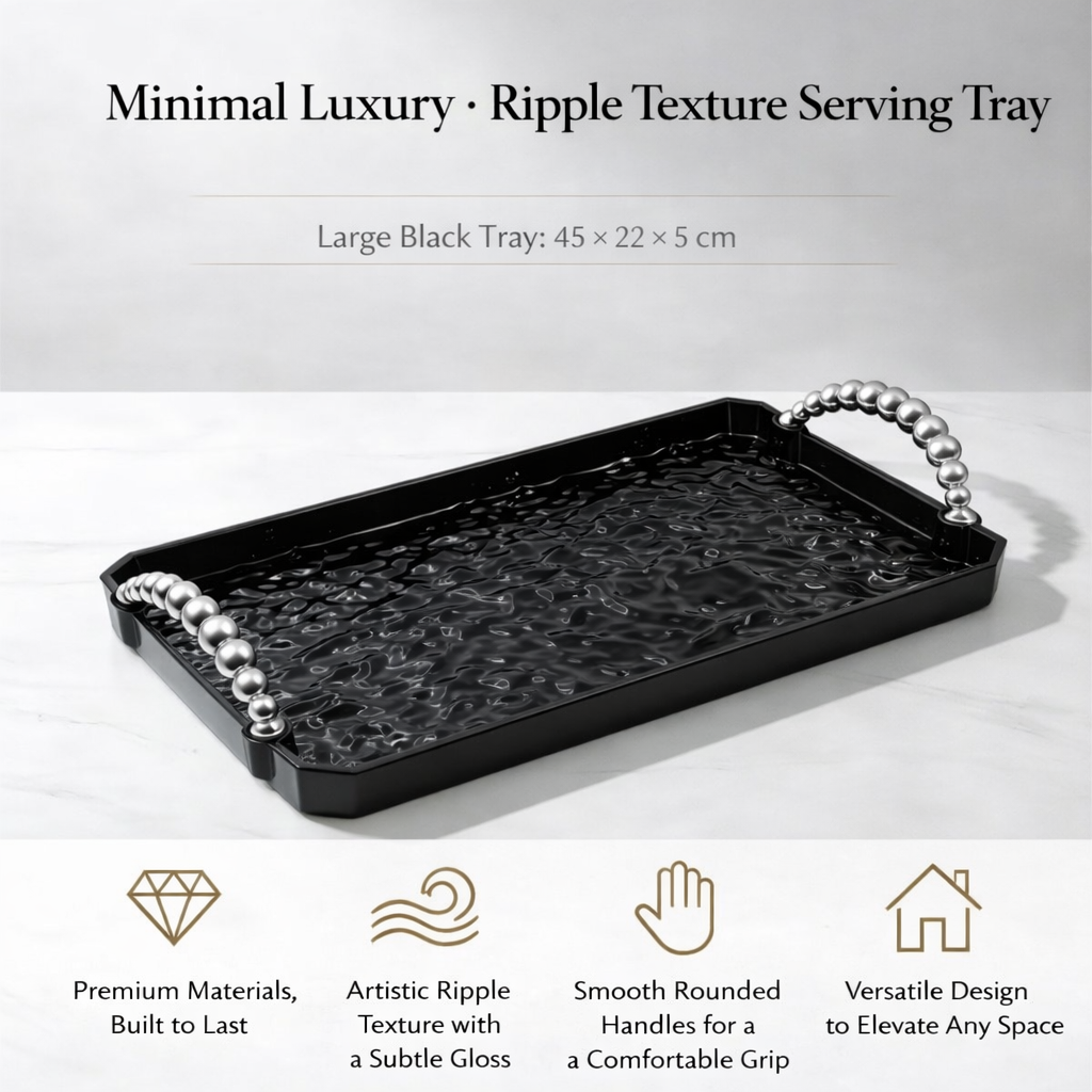 Glossy Black Ripple Surface Rectangular Plastic Tray Contemporary Serving Tray Sleek Countertop Organizer Display Platter