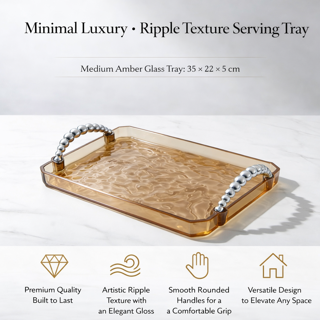 Warm Amber Ripple Finish Rectangular Plastic Serving Tray Modern Decorative Organizer Countertop Display Platter Home Use