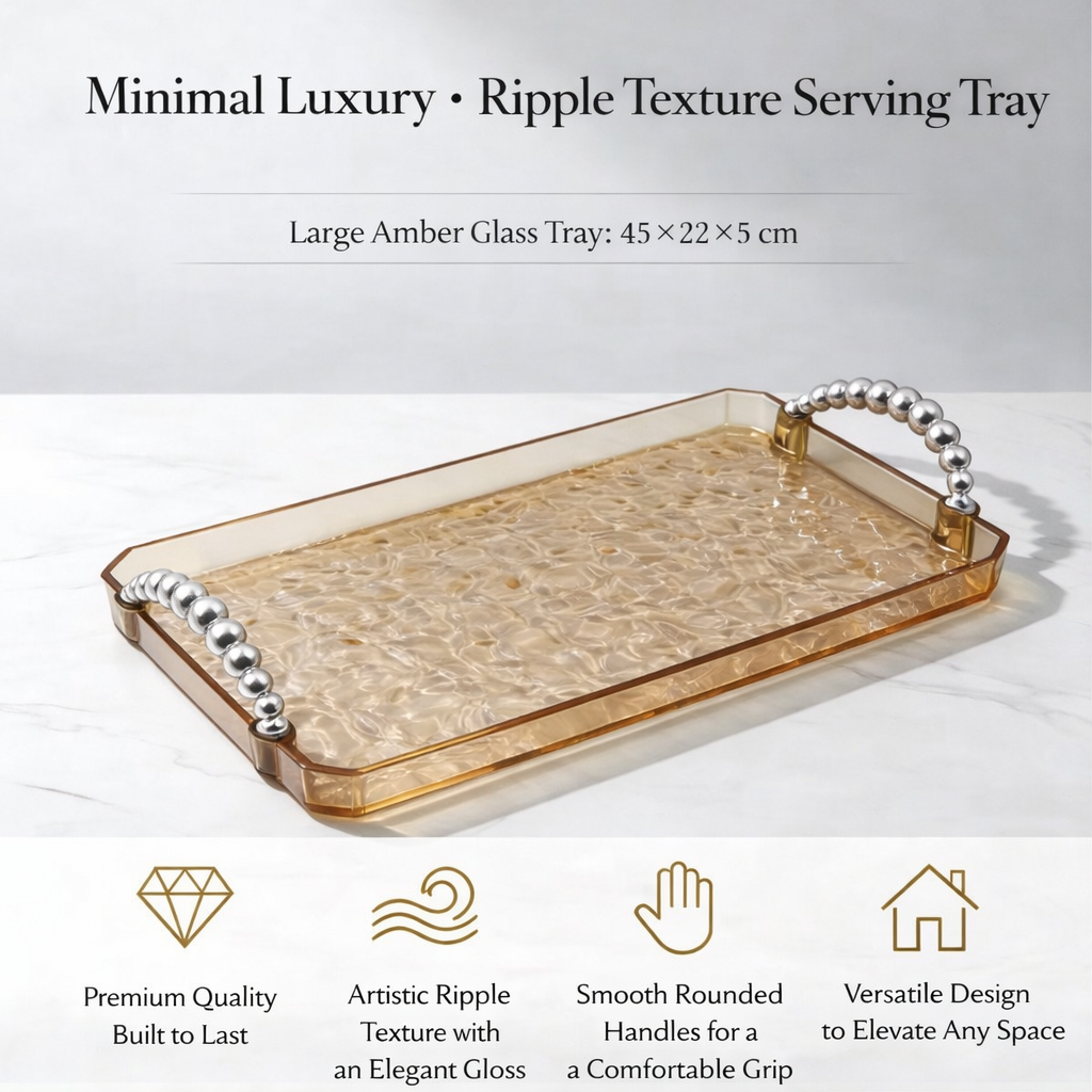 Warm Amber Ripple Finish Rectangular Plastic Serving Tray Modern Decorative Organizer Countertop Display Platter Home Use