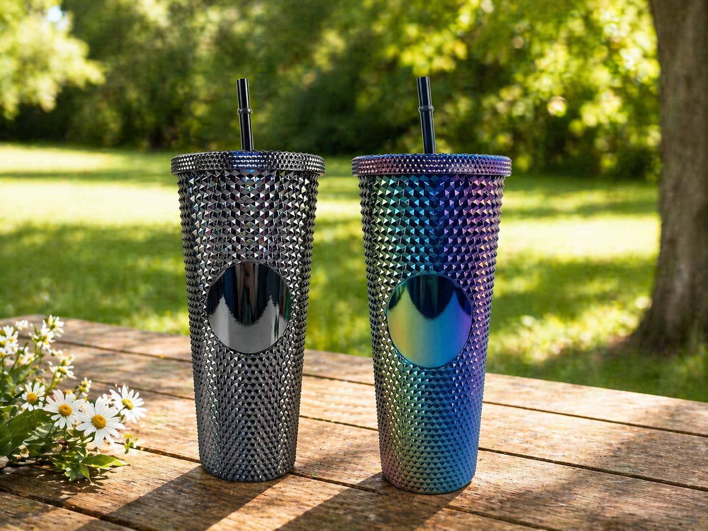 24oz Double Wall Plastic Tumbler Electroplated Color Straw Cup Large Capacity Portable Drink Cup