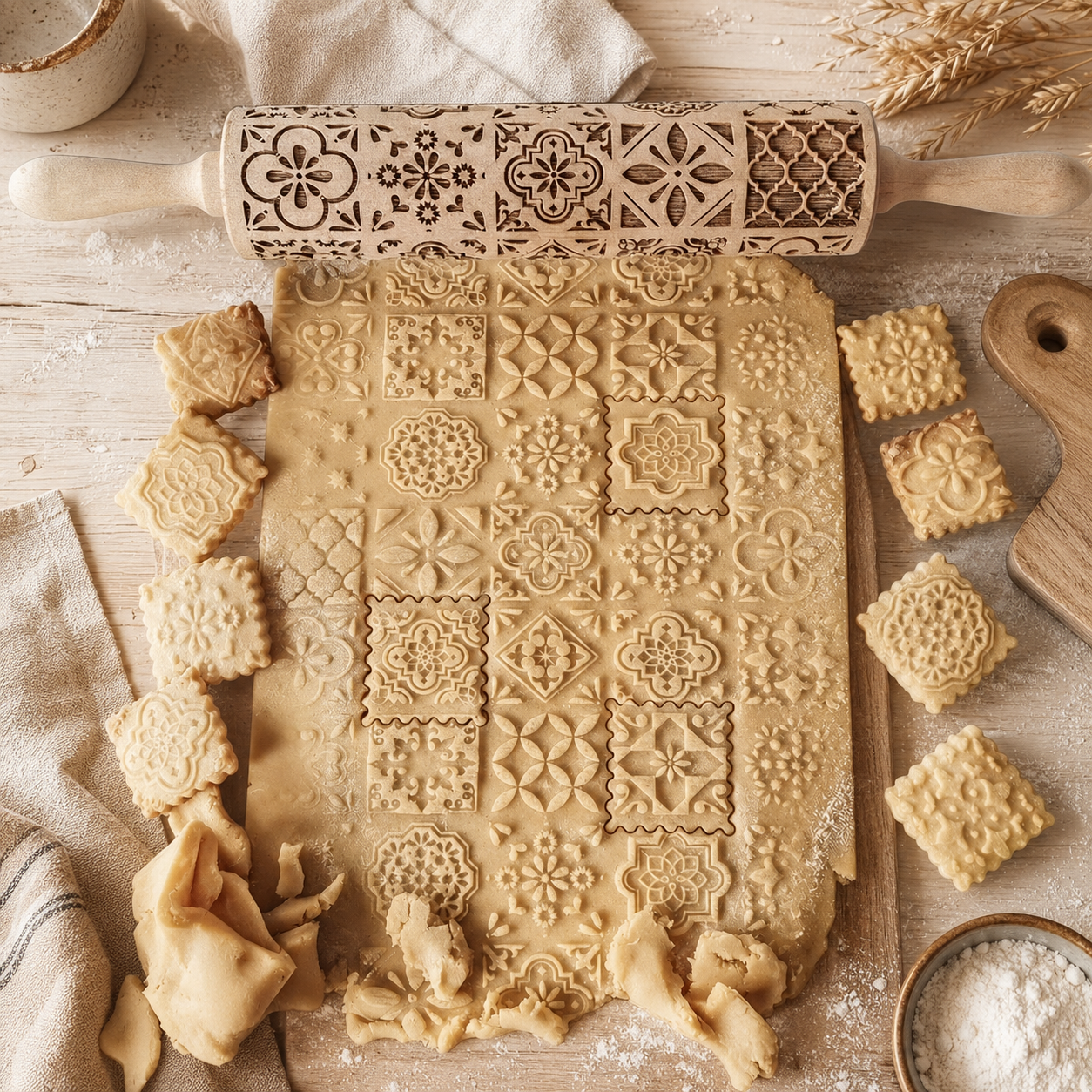 Beech Wood Embossing Rolling Pin – Engraved Cookie Dough Roller for Christmas Baking & DIY Crafts