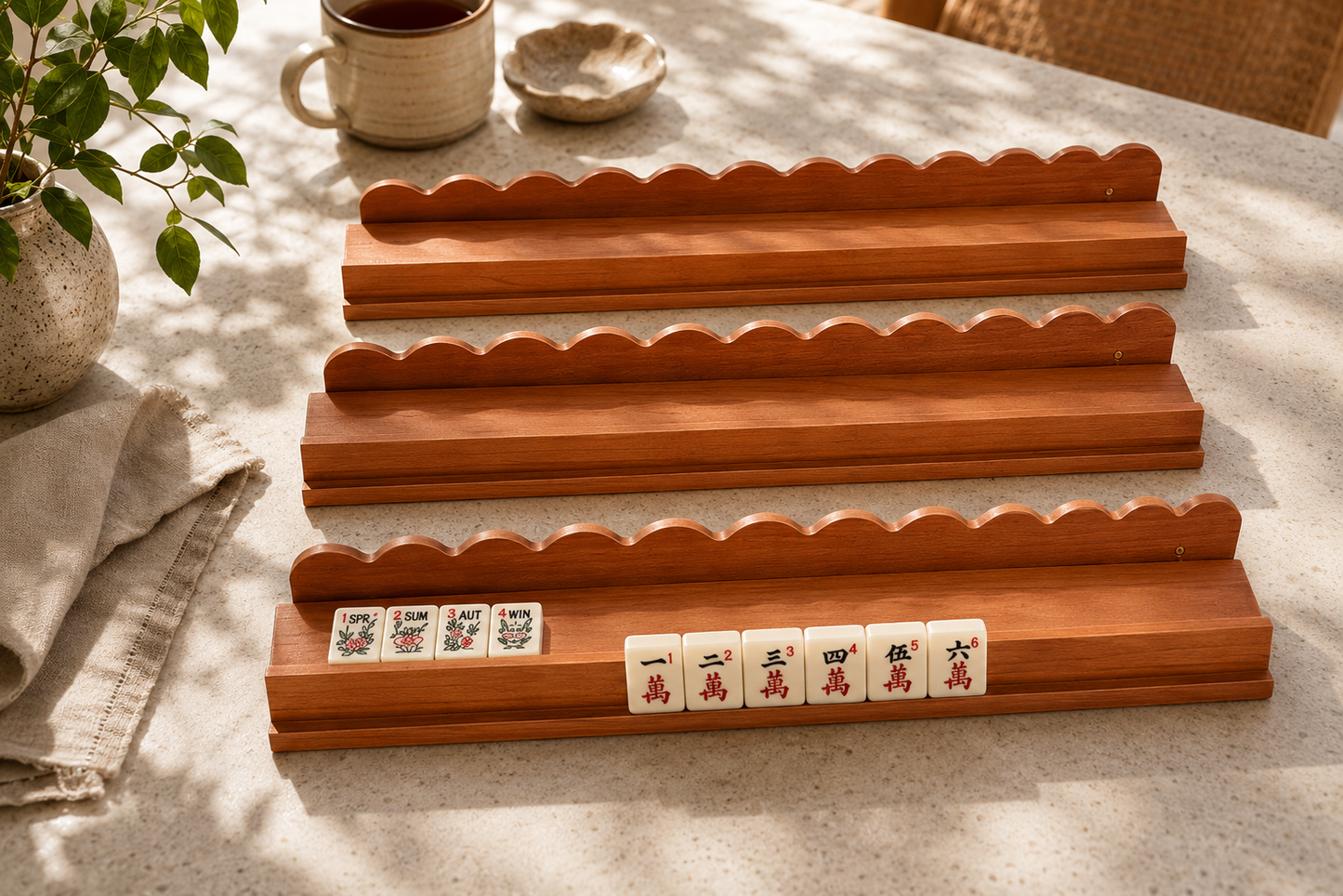 Wooden Mahjong Rack Set – Lightweight Tile Holder with Magnetic Pushers for American Mahjong Games