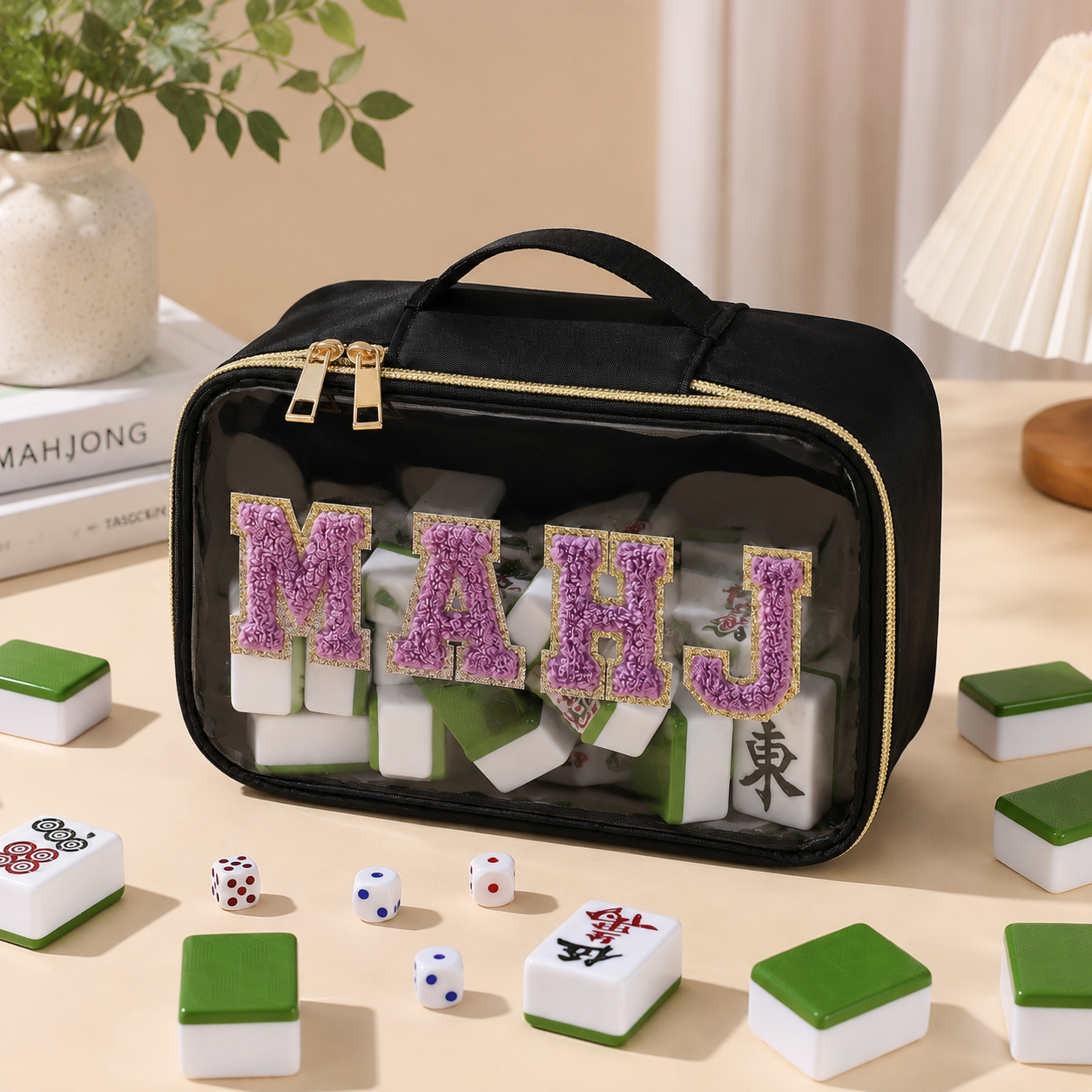 Large Mahjong Storage Bag – Waterproof PVC Travel Organizer with Letter Design for Mahjong Sets & Accessories