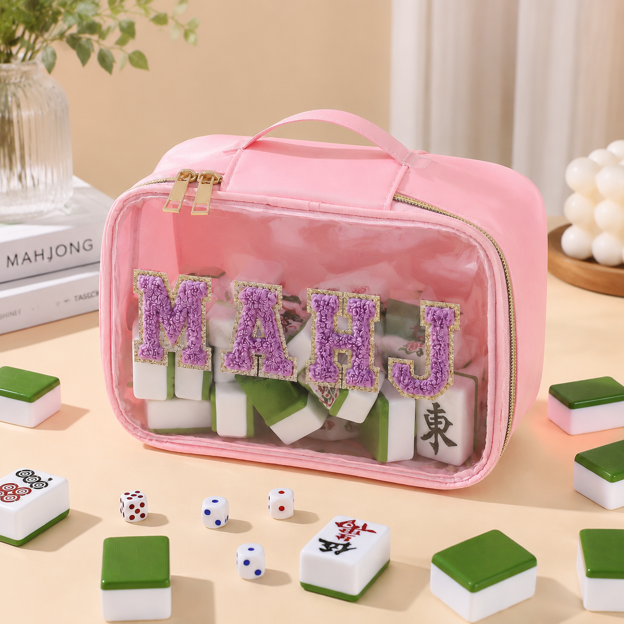 Large Mahjong Storage Bag – Waterproof PVC Travel Organizer with Letter Design for Mahjong Sets & Accessories