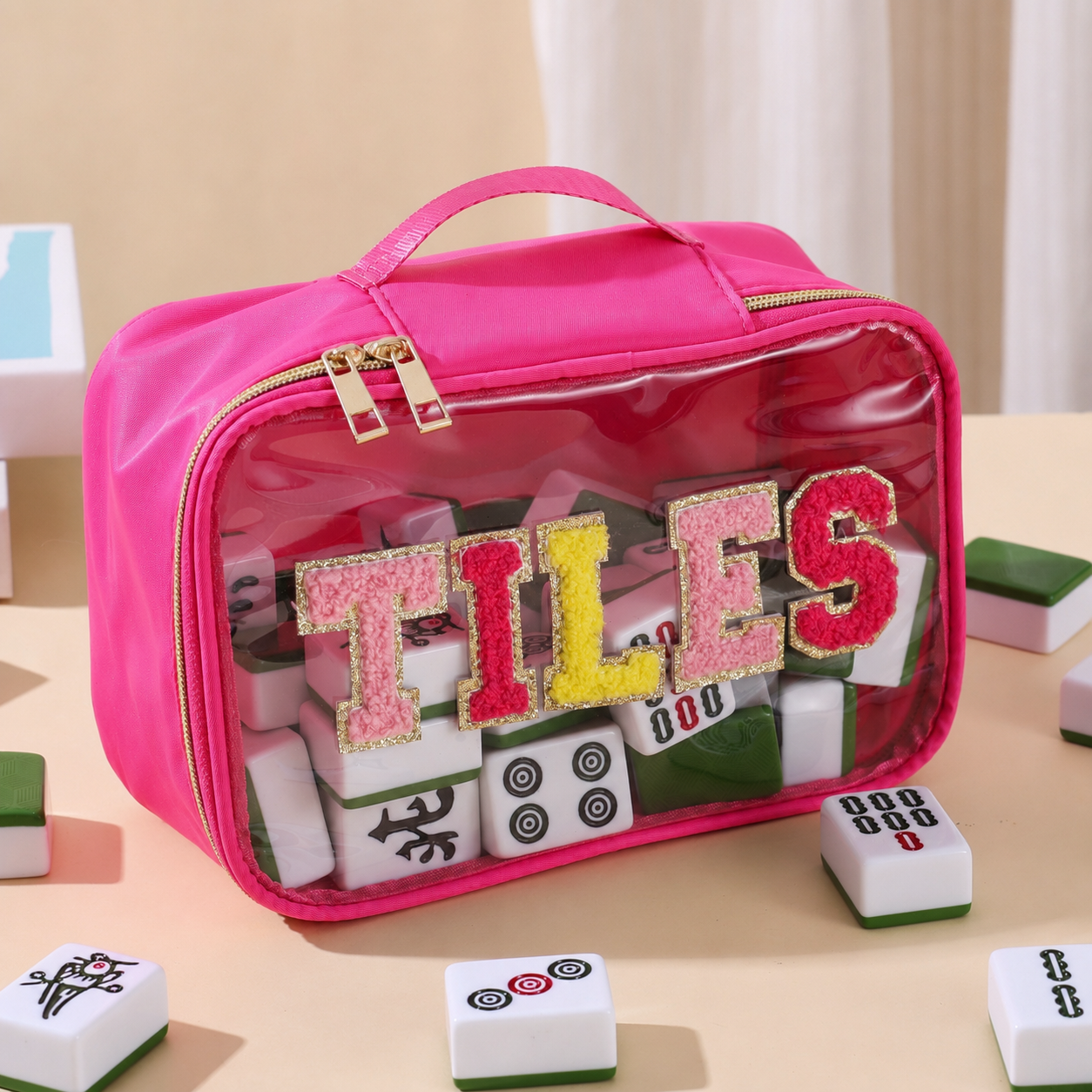 Large Mahjong Storage Bag – Waterproof PVC Travel Organizer with Letter Design for Mahjong Sets & Accessories