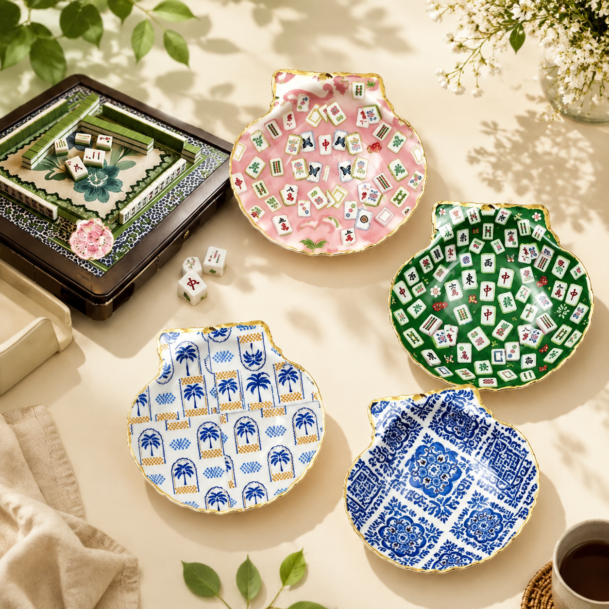 Mahjong Shell Trinket Tray – Pink Scallop Jewelry Dish & Decorative Dice Tray for Home Decor