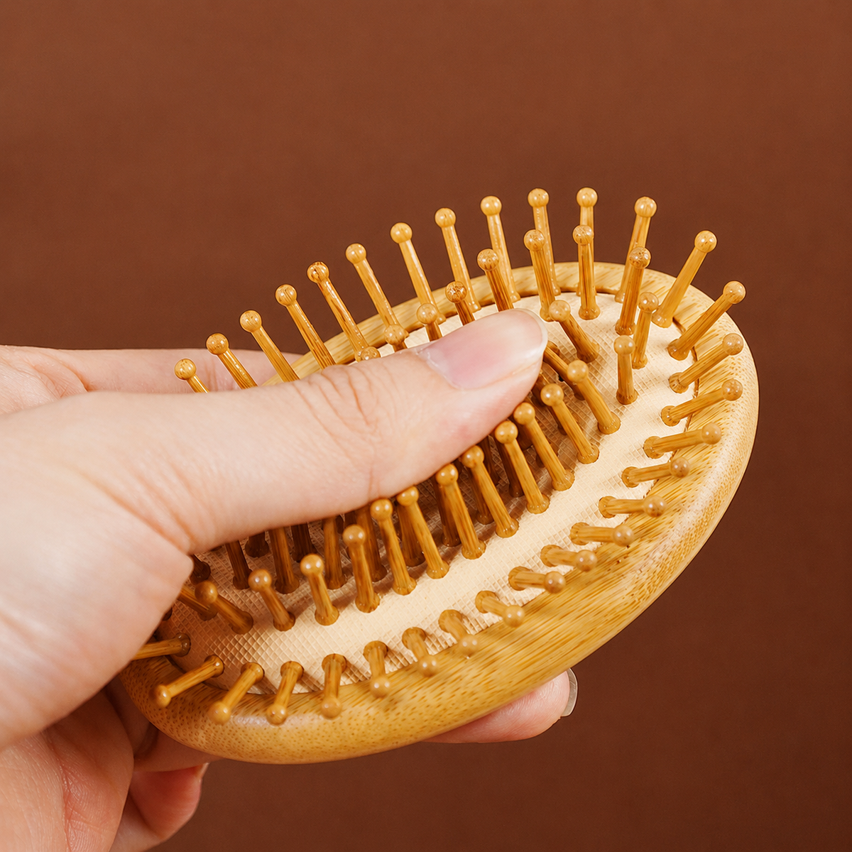 Mini Bamboo Cushion Hair Brush | Portable Oval Massage Comb for Detangling & Styling