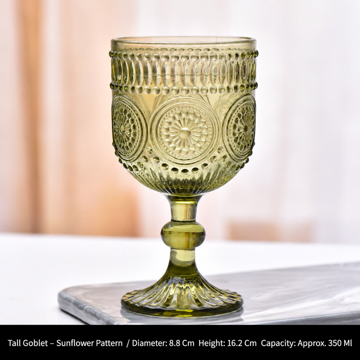 Vintage Green Glass Goblet, Embossed Floral Wine Glass, Retro Textured Drinking Cup