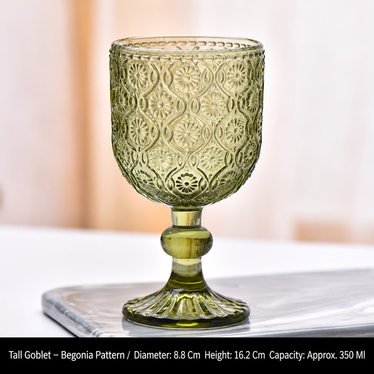 Vintage Green Glass Goblet, Embossed Floral Wine Glass, Retro Textured Drinking Cup