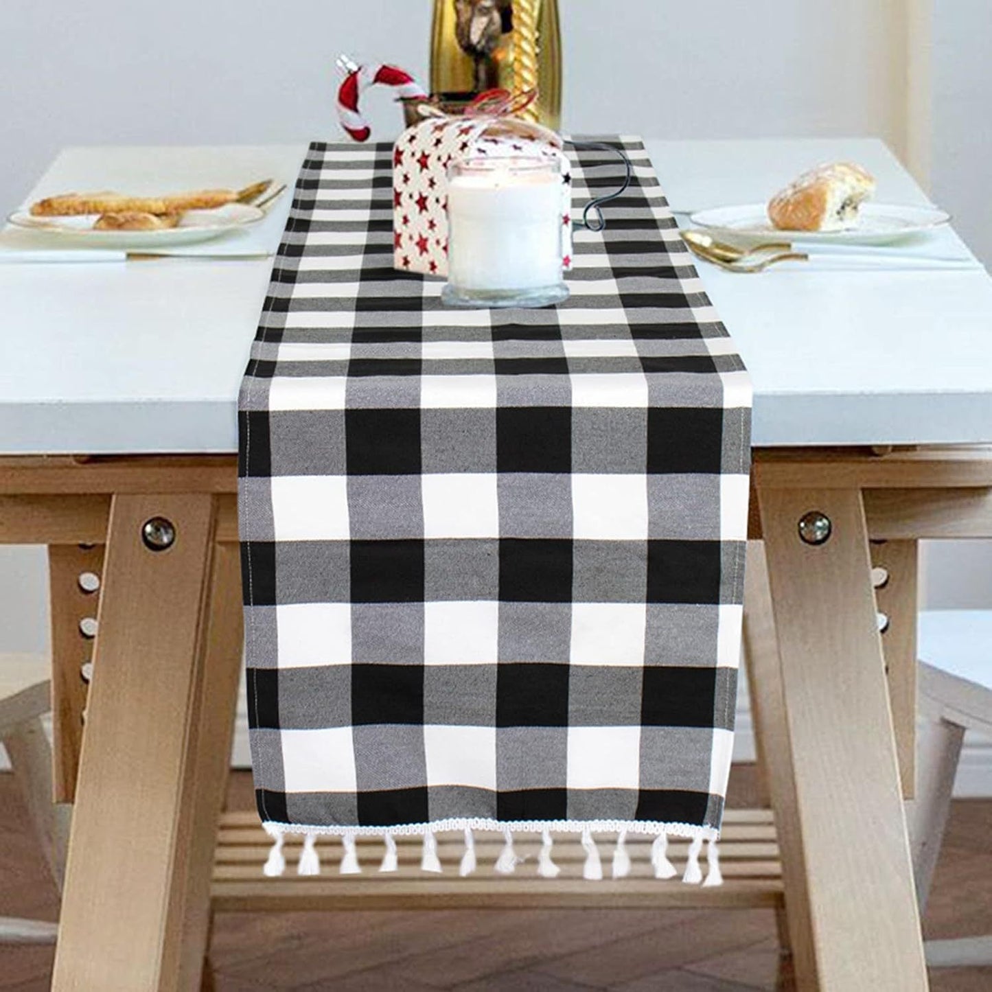 Buffalo Plaid Table Runner, Black White Tassel Dining Table Cover