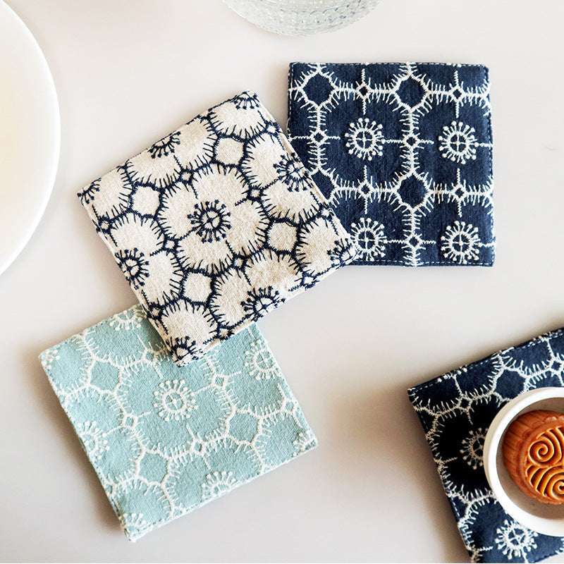 Embroidered Cotton Linen Coaster, Double-Layer Tea Cup Mat