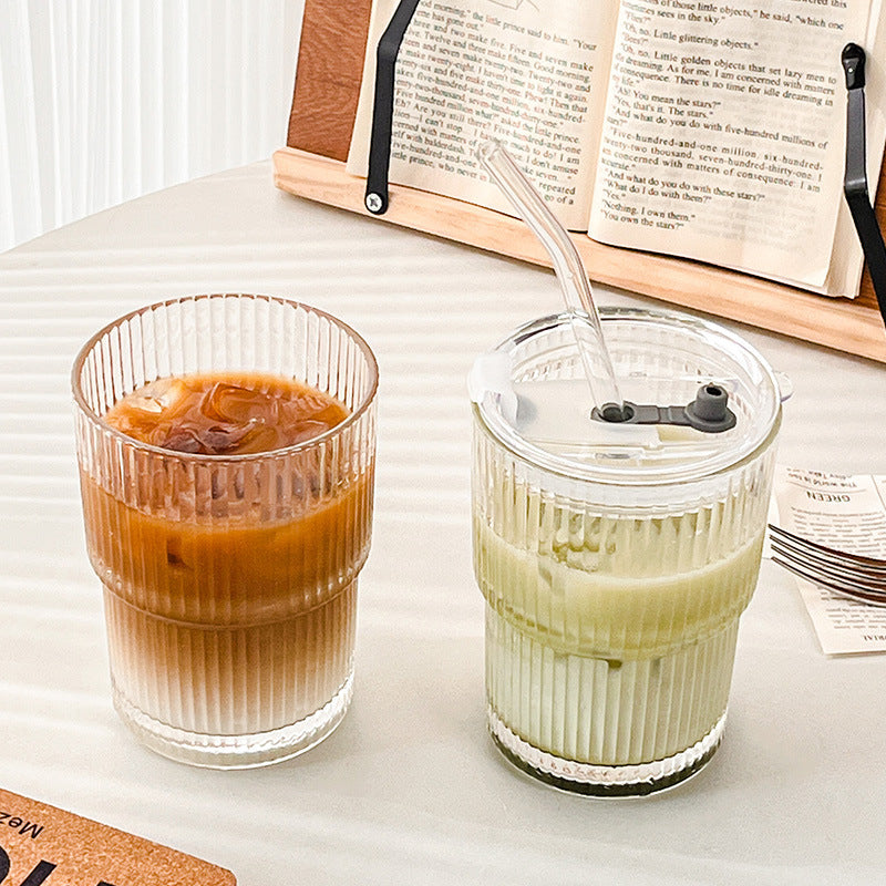 Striped Glass Coffee Cup with Lid & Straw – Iced Latte Tumbler