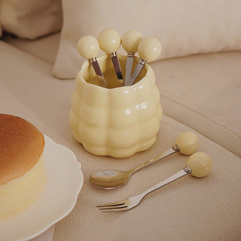 Ceramic Dessert Spoon and Fork Set with Holder – 5-Piece Mini Flatware Set