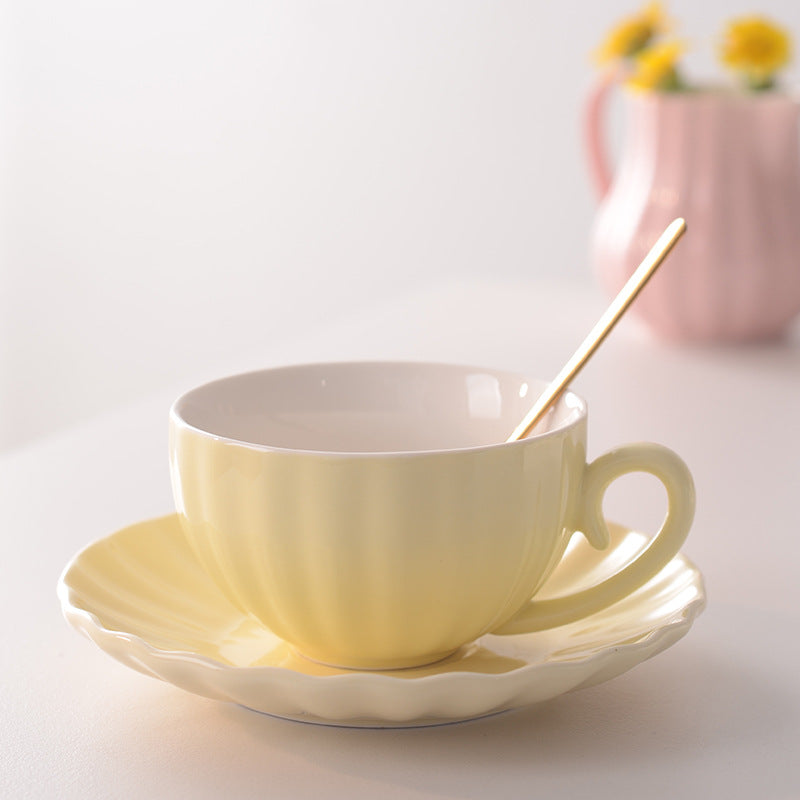 Fluted Ceramic Teacup and Saucer Set, Pastel Coffee Cup with Scalloped Plate