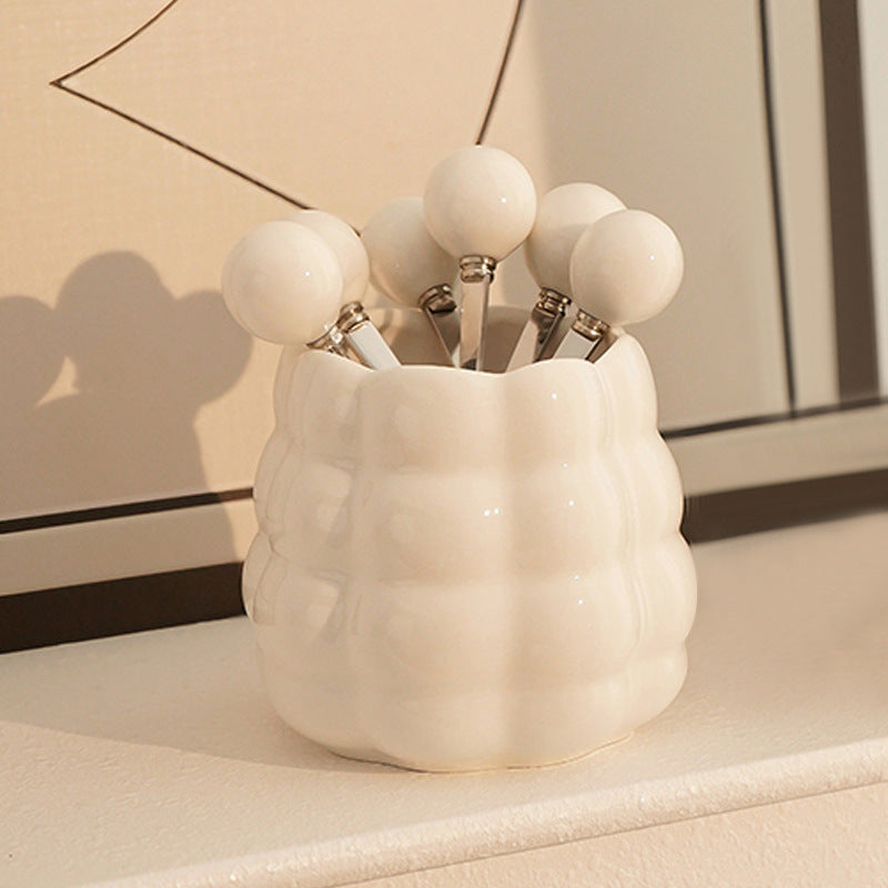 Ceramic Dessert Spoon and Fork Set with Holder – 5-Piece Mini Flatware Set