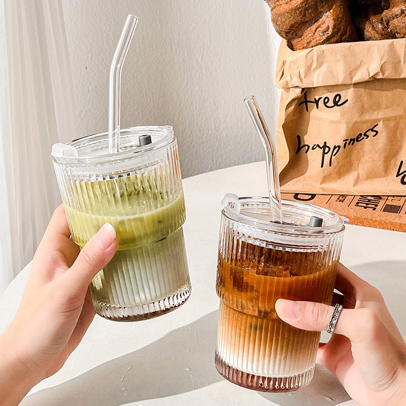 Striped Glass Coffee Cup with Lid & Straw – Iced Latte Tumbler