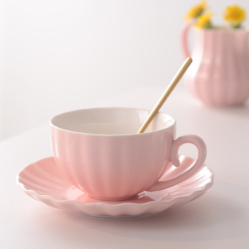 Fluted Ceramic Teacup and Saucer Set, Pastel Coffee Cup with Scalloped Plate