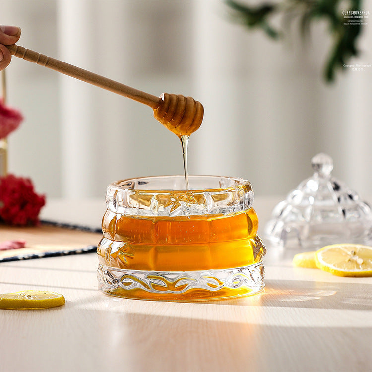 Glass Honey Jar with Wooden Dipper – Syrup & Sugar Storage Container