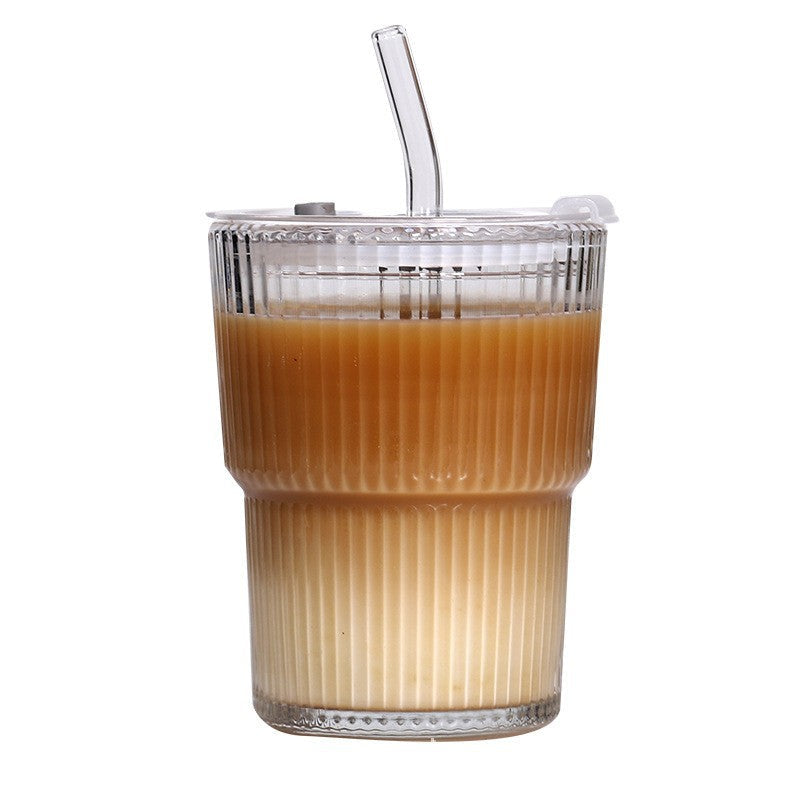 Striped Glass Coffee Cup with Lid & Straw – Iced Latte Tumbler