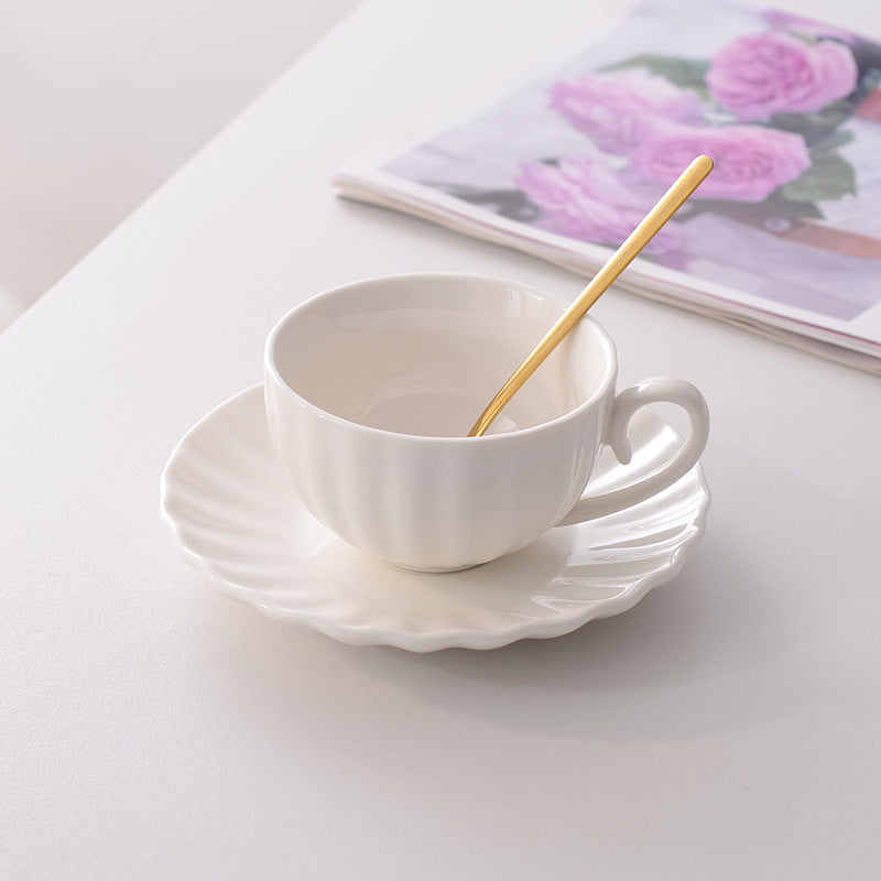 Fluted Ceramic Teacup and Saucer Set, Pastel Coffee Cup with Scalloped Plate