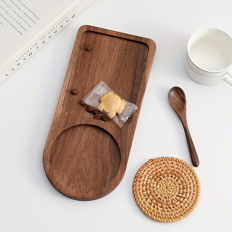 Acacia Wood Serving Tray with Woven Coaster – Rectangular Coffee & Snack Tray