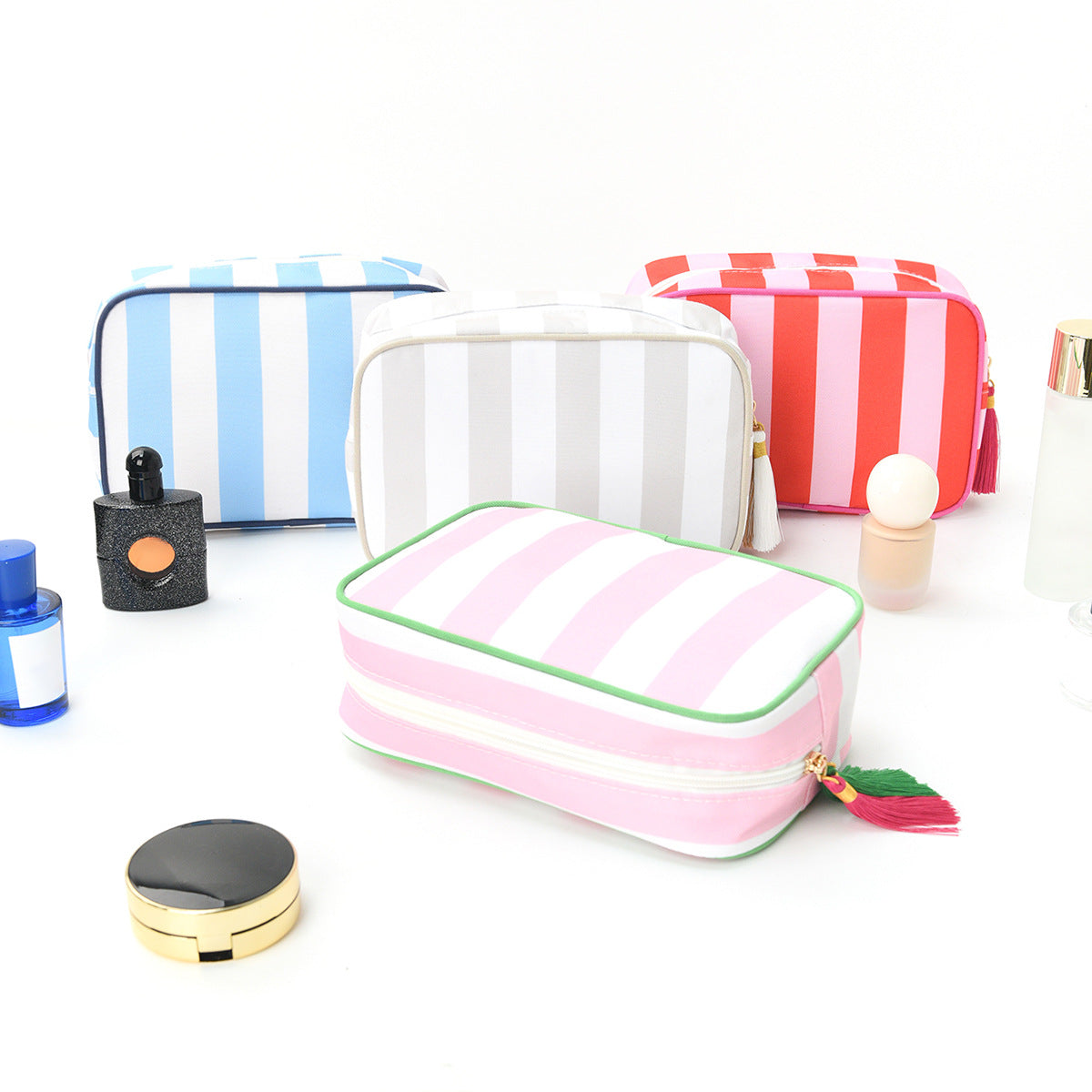 Striped Tassel Cosmetic Bag – Waterproof Travel Toiletry Organizer