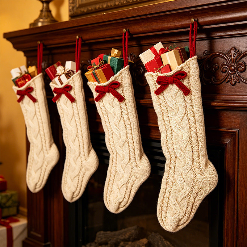 Cable Knit Christmas Stocking – Polyester Holiday Stocking with Red Bow, Large Hanging Stocking for Fireplace Mantel & Christmas Gift Decor