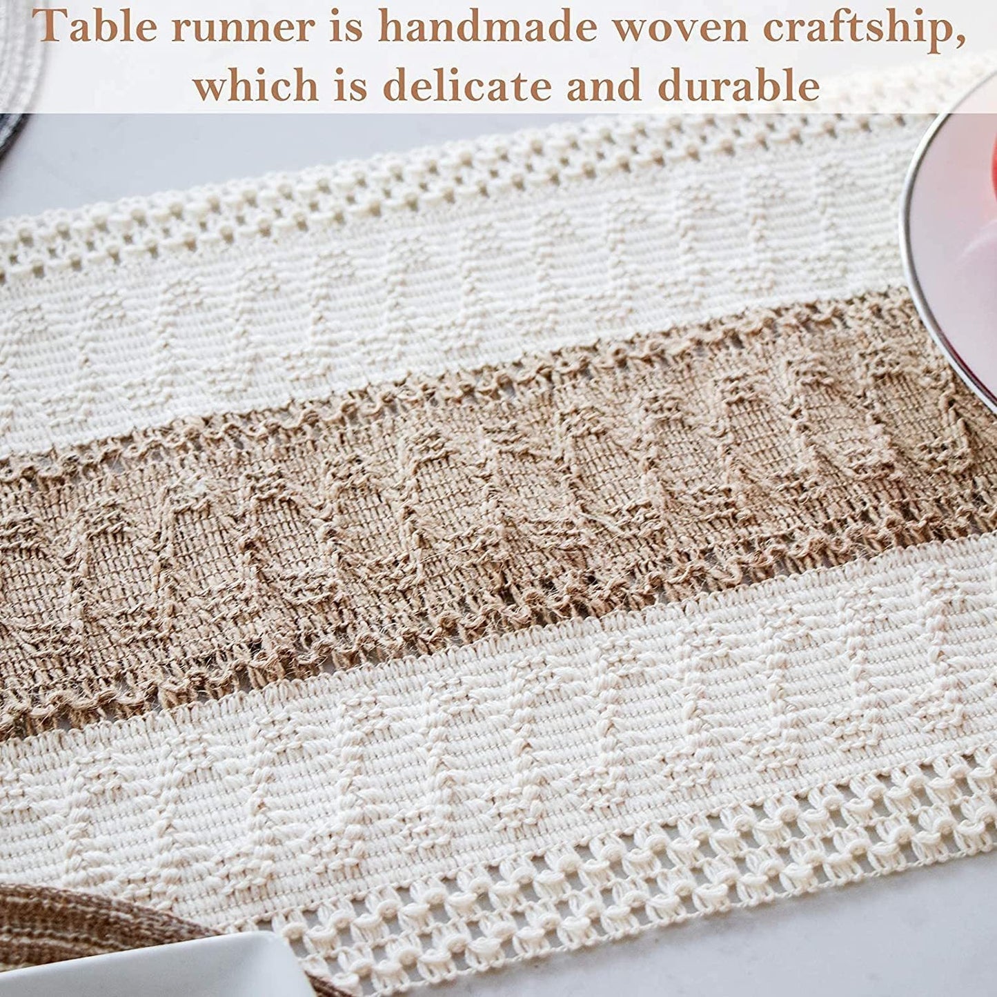 Boho Tassel Table Runner, Cotton Linen Crochet Woven Table Decor for Parties and Home Styling