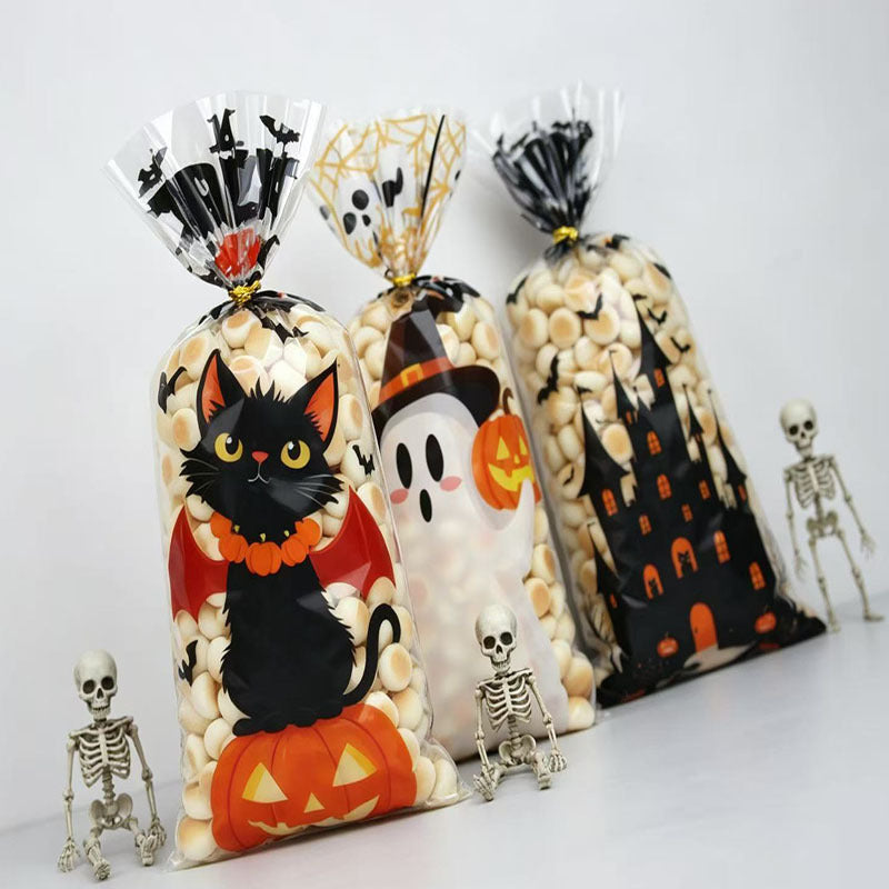 100-Pack Halloween Treat Bags – 3 Assorted Designs, Clear Plastic Candy Bags