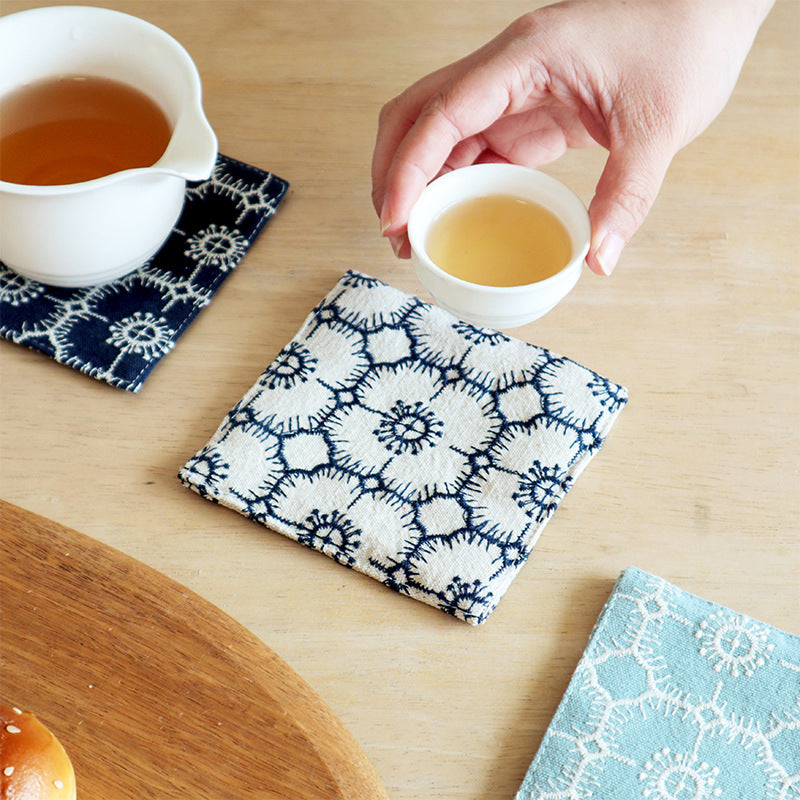Embroidered Cotton Linen Coaster, Double-Layer Tea Cup Mat