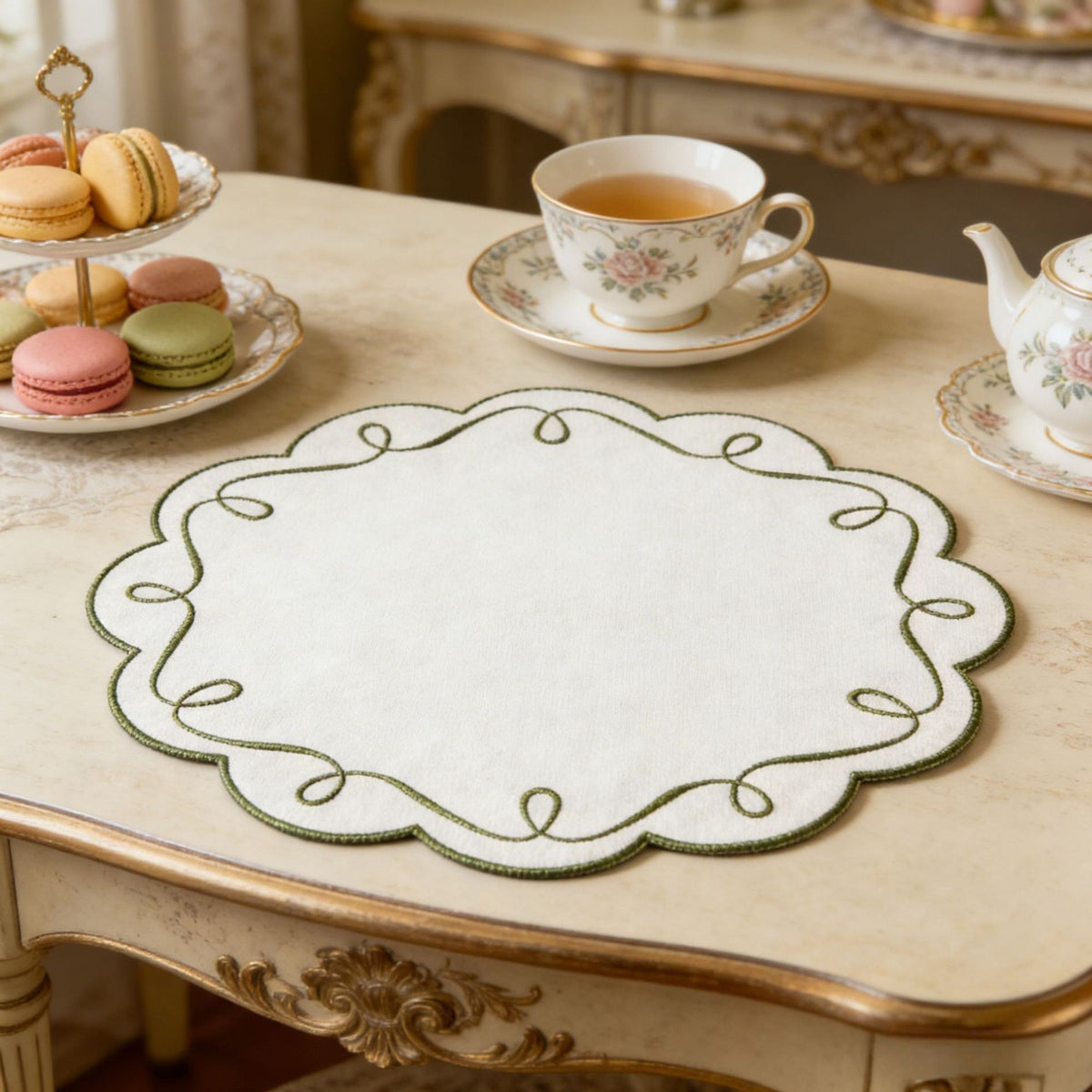Embroidered Round Placemat – Scalloped Fabric Table Mat