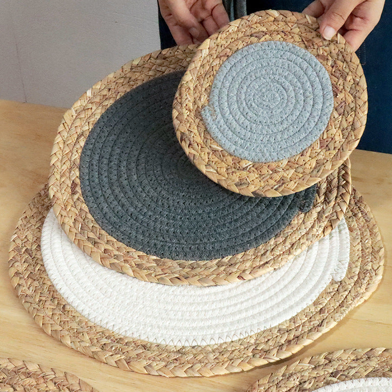 Handwoven Seagrass & Cotton Rope Trivet, Round Heat Resistant Pot Holder, Table Mat & Coaster