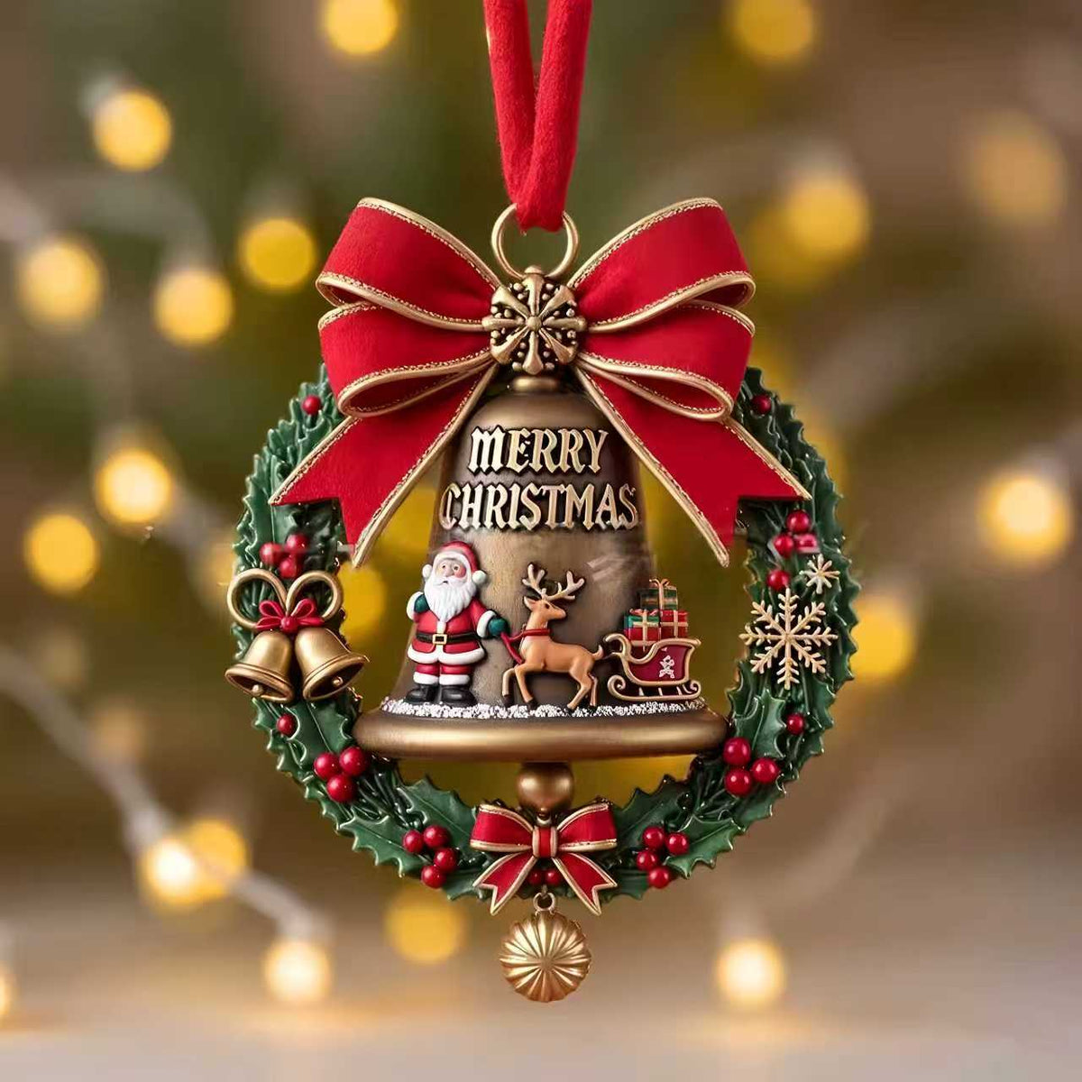 8CM Acrylic Christmas Ornament – Santa Reindeer Wreath Hanging Decoration with Red Ribbon for Christmas Tree, Holiday Home & Gift Decor