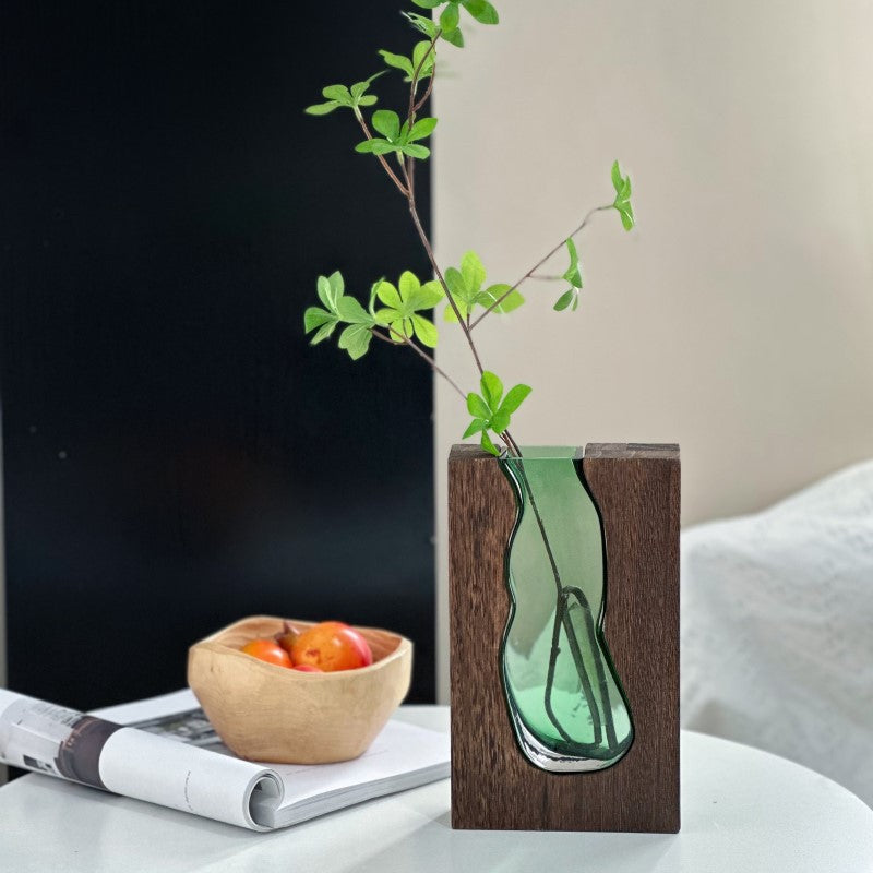 Nordic Wooden Base Glass Vase – Minimalist Home Decor Accent