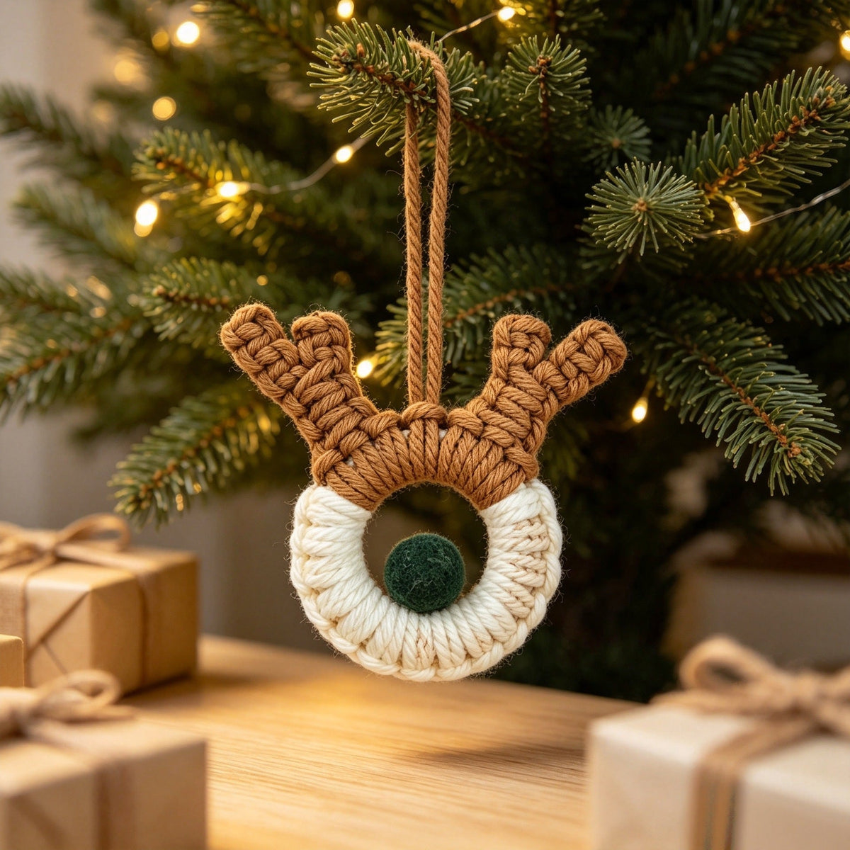 Macrame Reindeer Christmas Ornament – Handmade Cotton Rope Hanging Decoration