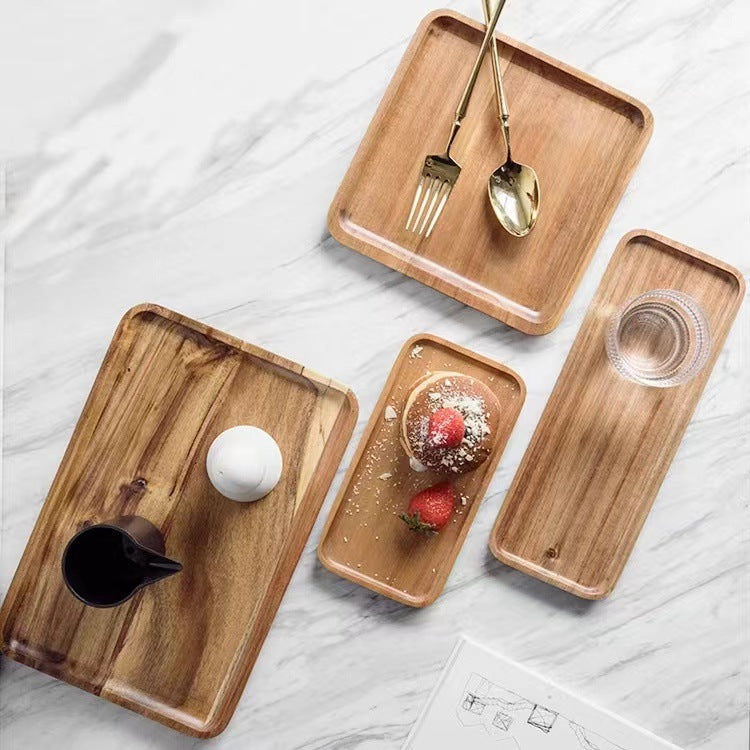 Acacia Wood Serving Tray, Rectangular Wooden Tea Tray, Dessert, Snack & Cake Plate