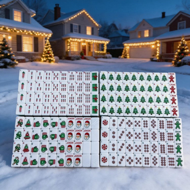 Christmas Mahjong Tile  – 160-Piece 30 mm Crystal Acrylic Mahjong Set with Engraved Inner Print for Holiday Game Nights, Gifts & Festive Parties