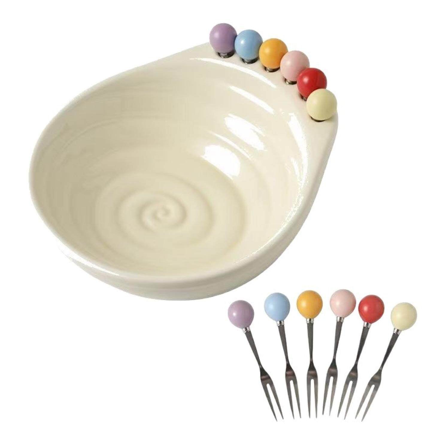 Snack Serving Bowl with 6 Forks – Stainless Steel + PP Fruit Plate for Candy, Nuts, Desserts, Appetizers & Home Party Serving