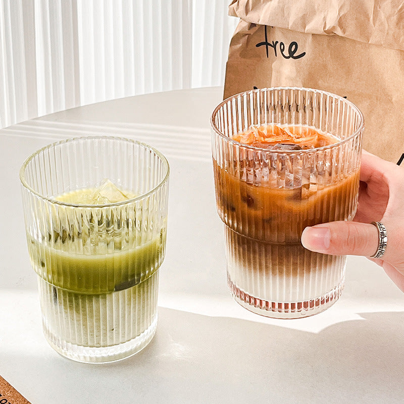 Striped Glass Coffee Cup with Lid & Straw – Iced Latte Tumbler