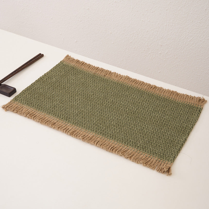Woven Paper and Flax Grass Placemat with Fringe – Rustic Rectangular Table Mat, Green or Pink, Farmhouse Dining Décor