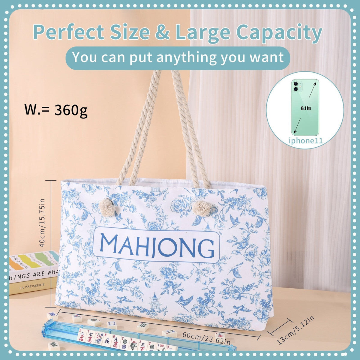 3-Piece Mahjong Storage Bag Set – Blue Floral Tote, Tile Pouch & Rack Carry Bag for Mahjong Tiles, Accessories, Travel & Home Storage