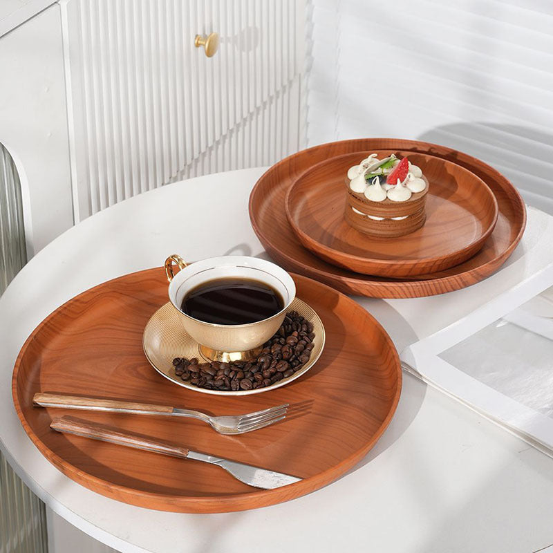 4-Piece Wood Grain Round Serving Tray Set – Lightweight Raised Edge Food Plates for Dining, Snacks, Desserts, Tea & Home Tableware