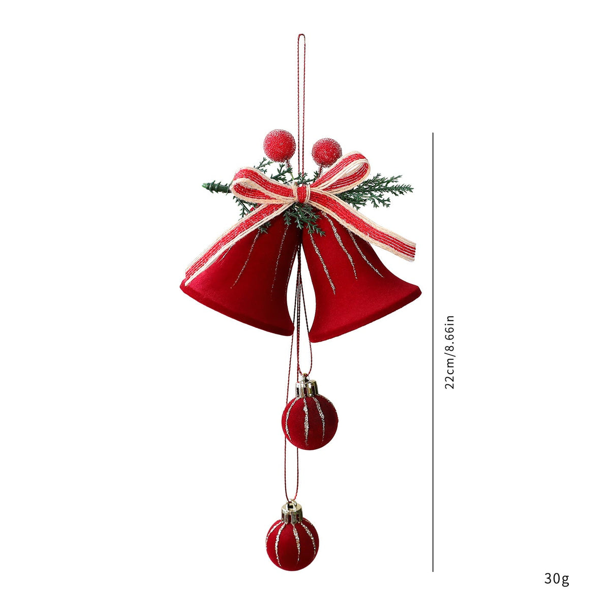 Plastic Christmas Hanging Ornament – Holiday Bell Decoration with Bow & Pine Branch Design for Tree, Door, Wall & Home Decor