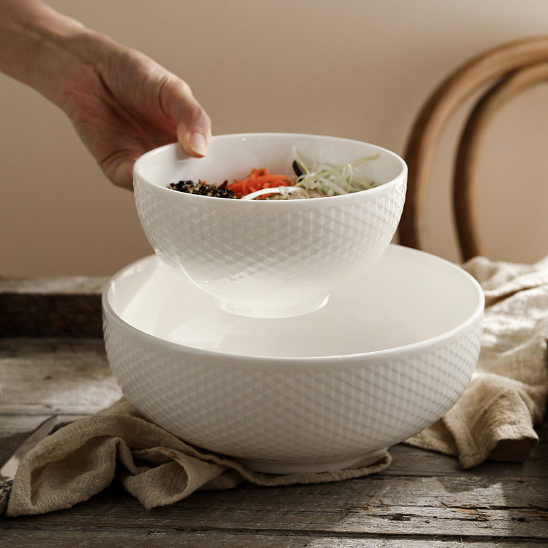 White Ceramic Bowl – Grid Pattern Rice, Soup & Salad Bowl for Home & Hospitality